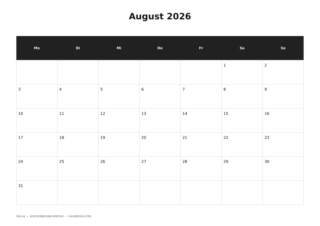 Kalender 2026 9 Kalender August 2026 zum Ausdrucken