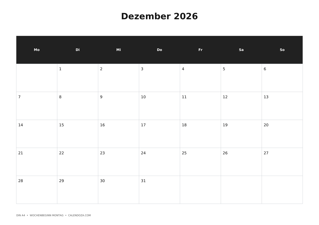 Kalender kostenlos zum Ausdrucken 4 Kalender Dezember 2026 zum Ausdrucken