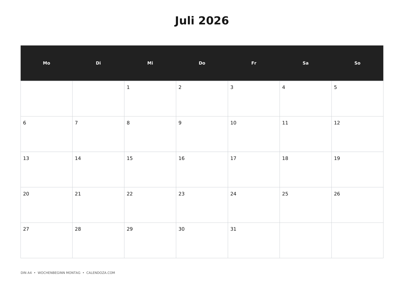 Kalender 2026 8 Kalender Juli 2026 zum Ausdrucken