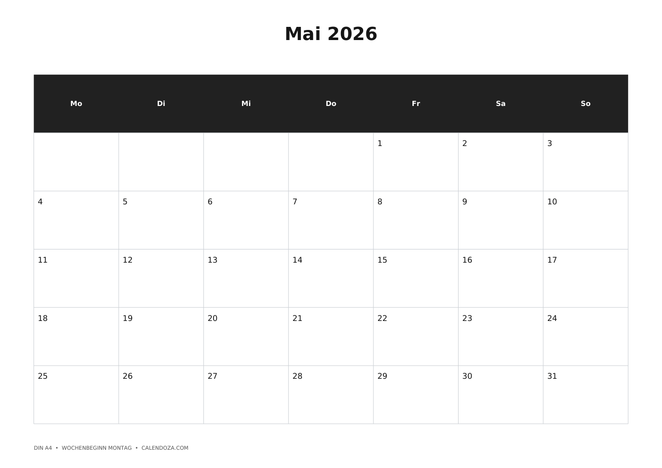 Kalender 2026 6 Kalender Mai 2026 zum Ausdrucken