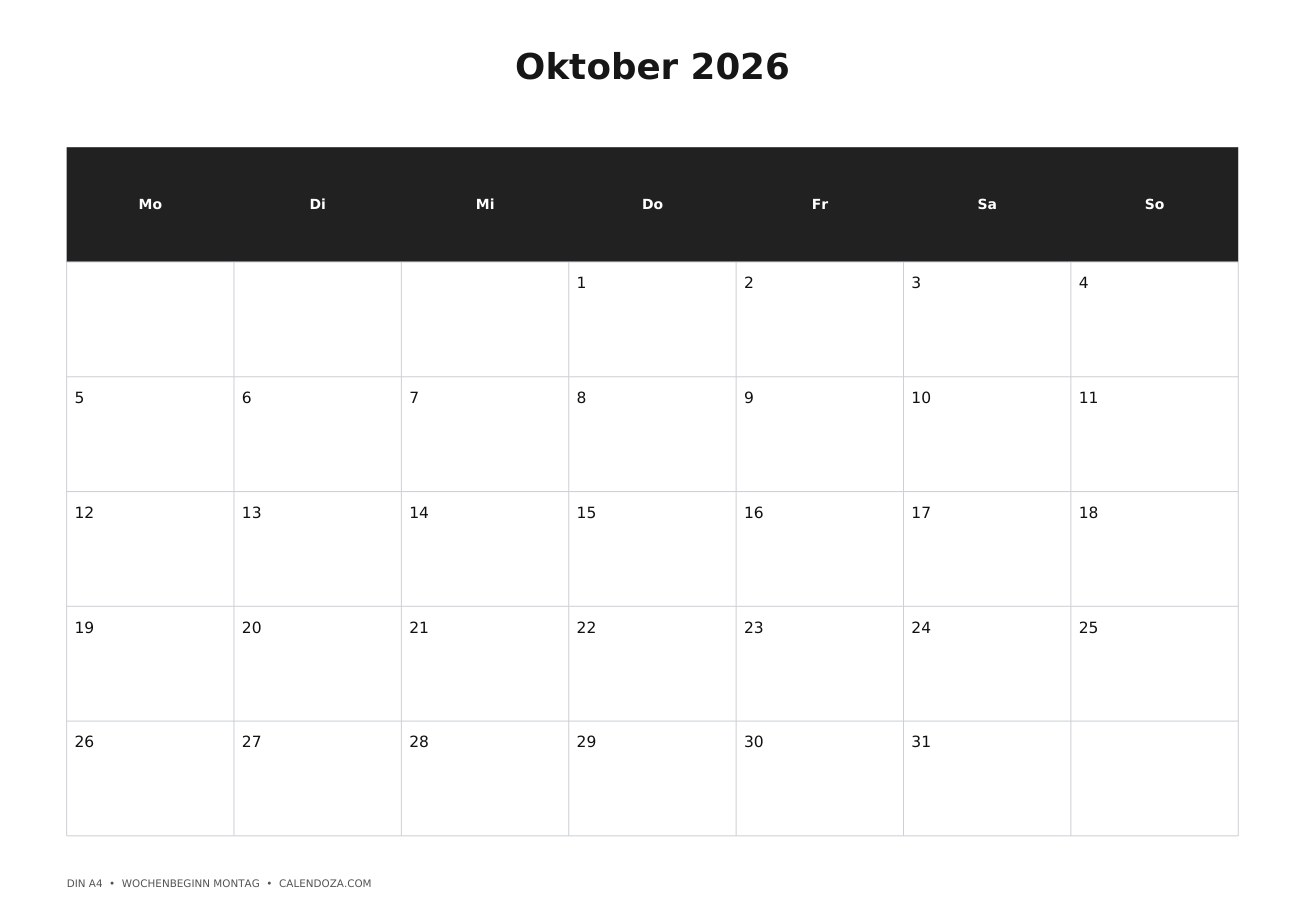 Kalender kostenlos zum Ausdrucken 2 Kalender Oktober 2026 zum Ausdrucken