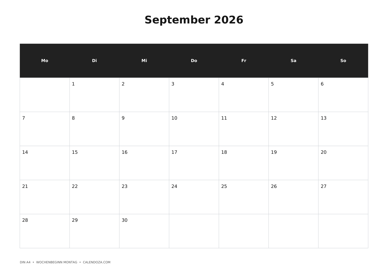 Kalender kostenlos zum Ausdrucken 1 Kalender September 2026 zum Ausdrucken