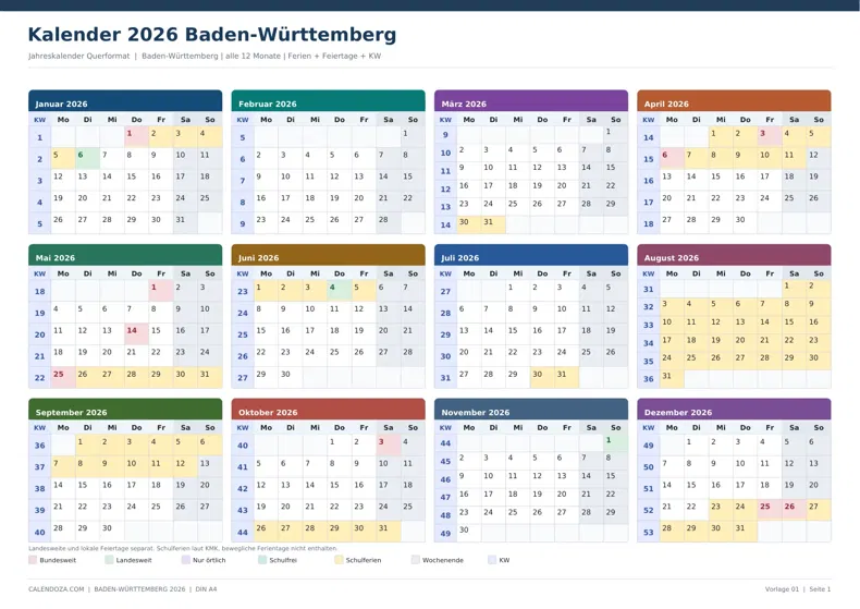 Kalender 2026 Baden-Württemberg: Jahreskalender Querformat