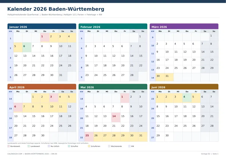 Kalender 2026 Baden-Württemberg: Halbjahreskalender Querformat