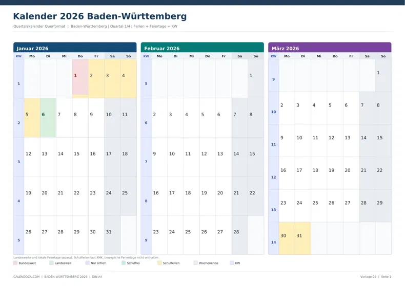 Kalender 2026 Baden-Württemberg: Quartalskalender Querformat