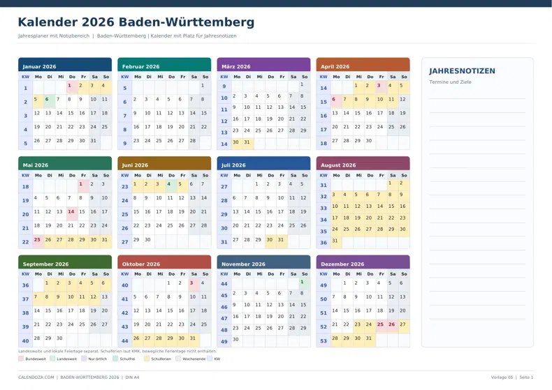 Kalender 2026 Baden-Württemberg: Jahresplaner mit Notizen