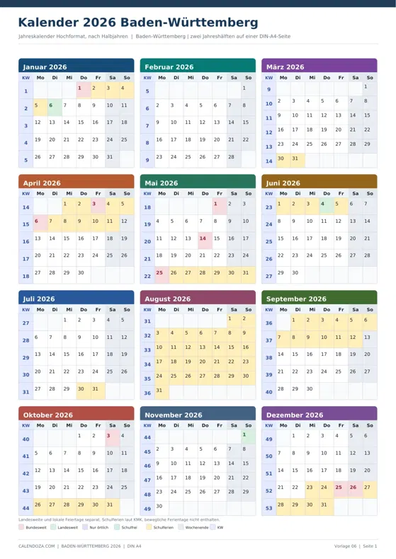 Kalender 2026 Baden-Württemberg: Jahreskalender Hochformat