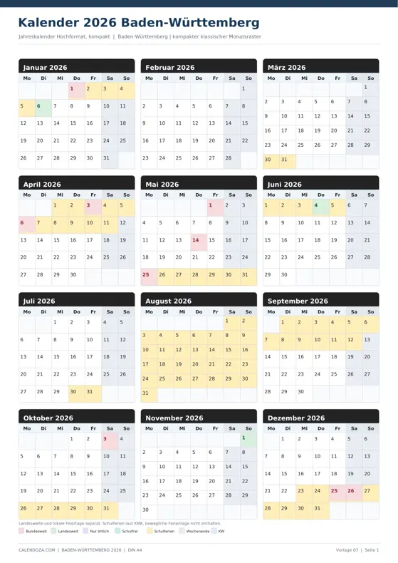 Kalender 2026 Baden-Württemberg: Jahreskalender Hochformat kompakt
