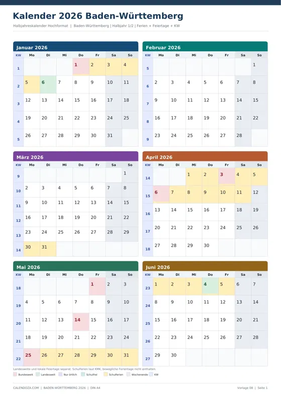 Kalender 2026 Baden-Württemberg: Halbjahreskalender Hochformat