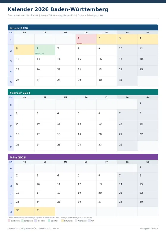Kalender 2026 Baden-Württemberg: Quartalskalender Hochformat