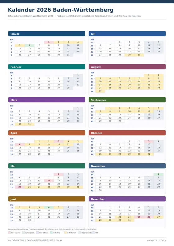 Kalender 2026 Baden-Württemberg: Farbige Jahresübersicht Hochformat