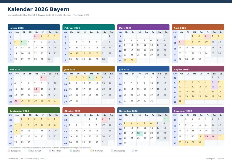Kalender 2026 Bayern: Jahreskalender Querformat