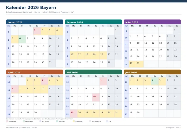 Kalender 2026 Bayern: Halbjahreskalender Querformat