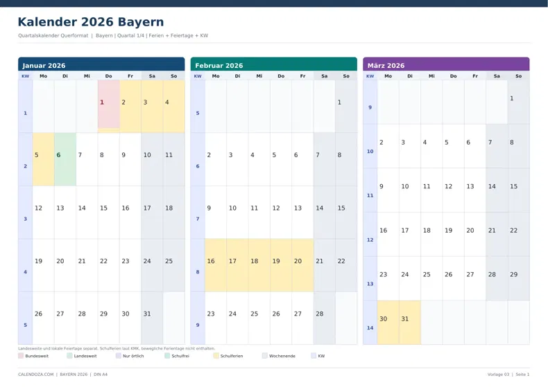 Kalender 2026 Bayern: Quartalskalender Querformat