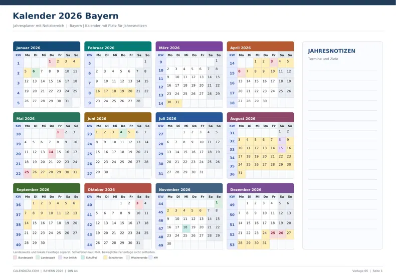 Kalender 2026 Bayern: Jahresplaner mit Notizen