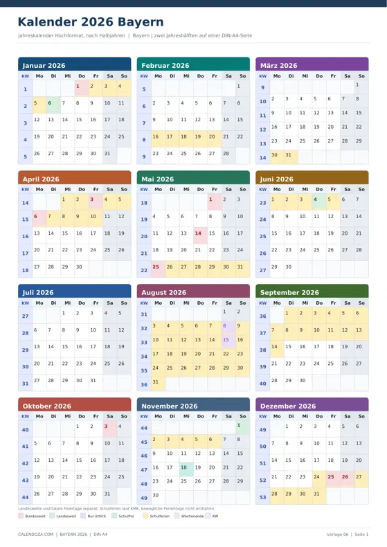 Kalender 2026 Bayern: Jahreskalender Hochformat