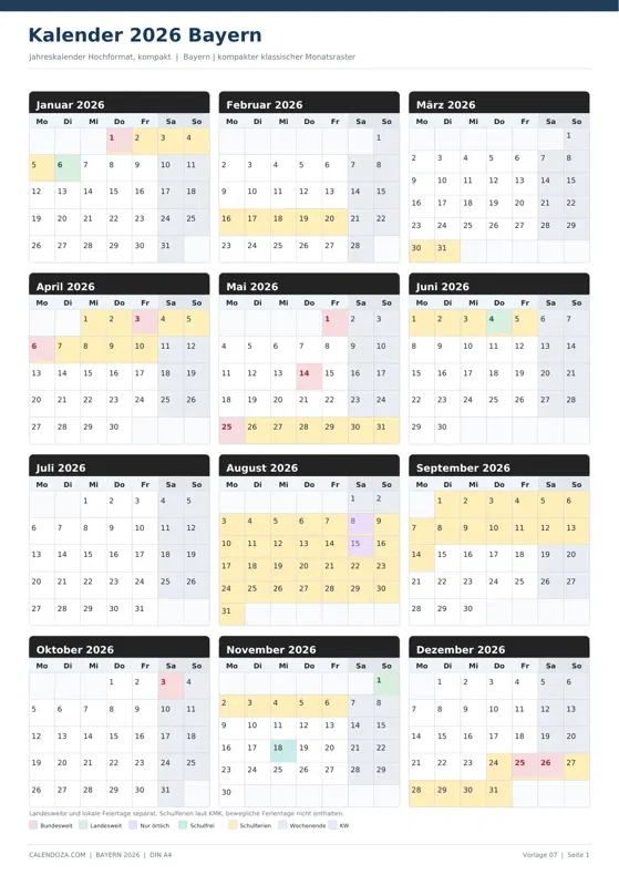 Kalender 2026 Bayern: Jahreskalender Hochformat kompakt