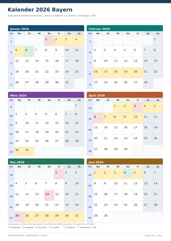 Kalender 2026 Bayern: Halbjahreskalender Hochformat