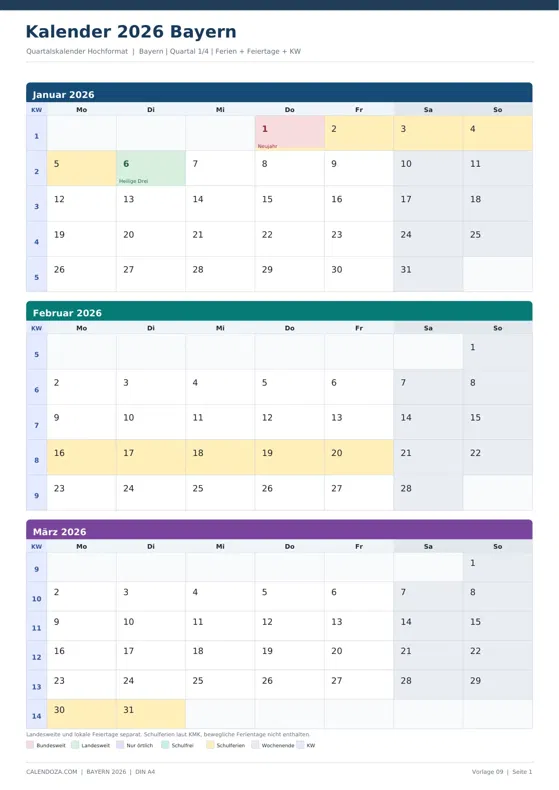 Kalender 2026 Bayern: Quartalskalender Hochformat