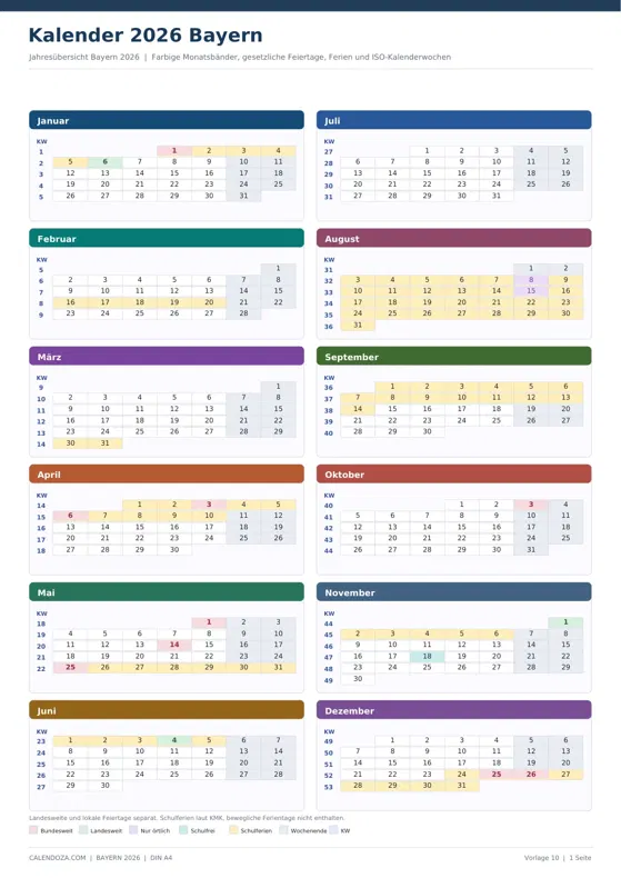 Kalender 2026 Bayern: Farbige Jahresübersicht Hochformat