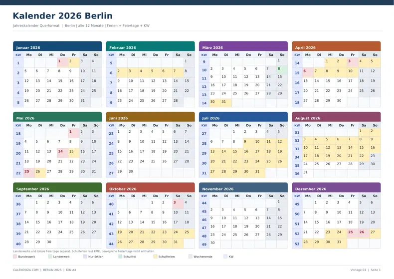Kalender 2026 Berlin: Jahreskalender Querformat