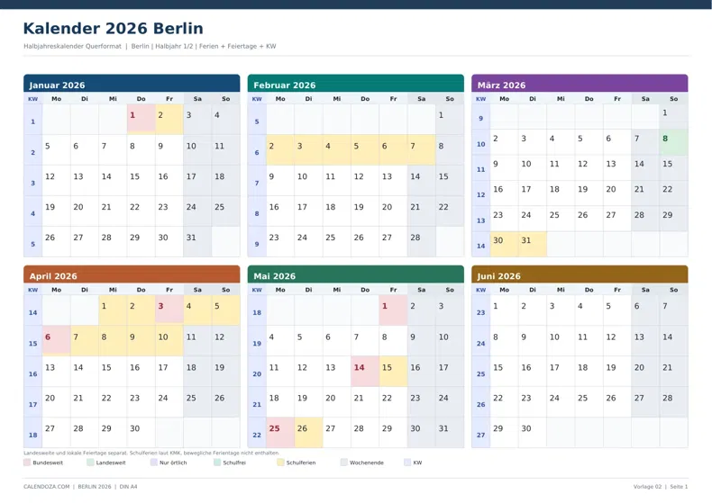 Kalender 2026 Berlin: Halbjahreskalender Querformat