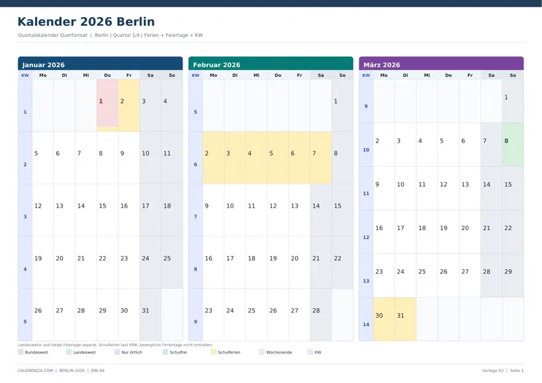 Kalender 2026 Berlin: Quartalskalender Querformat