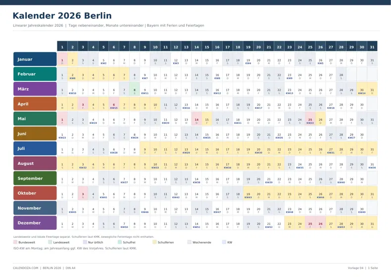 Kalender 2026 Berlin: Linearer Jahreskalender