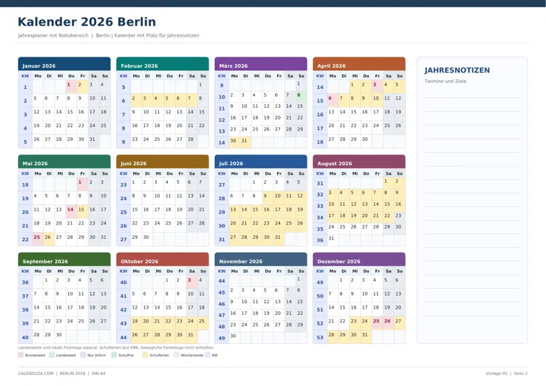 Kalender 2026 Berlin: Jahresplaner mit Notizen