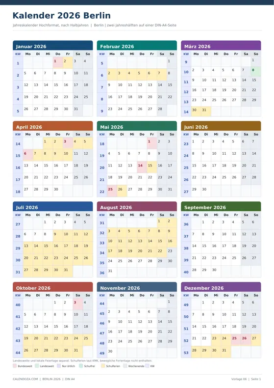 Kalender 2026 Berlin: Jahreskalender Hochformat