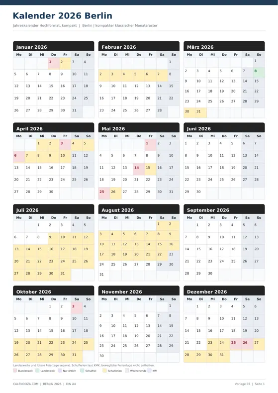 Kalender 2026 Berlin: Jahreskalender Hochformat kompakt