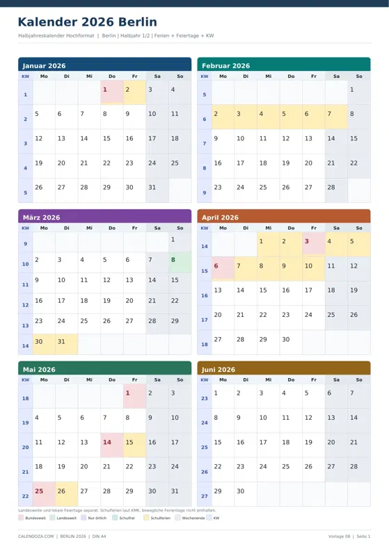 Kalender 2026 Berlin: Halbjahreskalender Hochformat