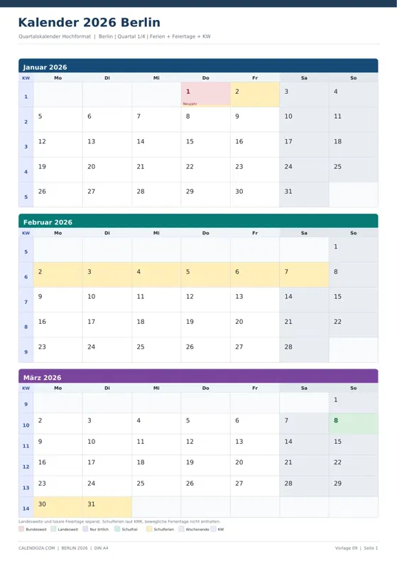 Kalender 2026 Berlin: Quartalskalender Hochformat