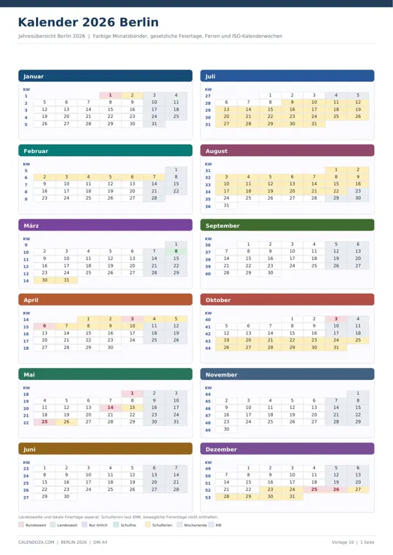 Kalender 2026 Berlin: Farbige Jahresübersicht Hochformat