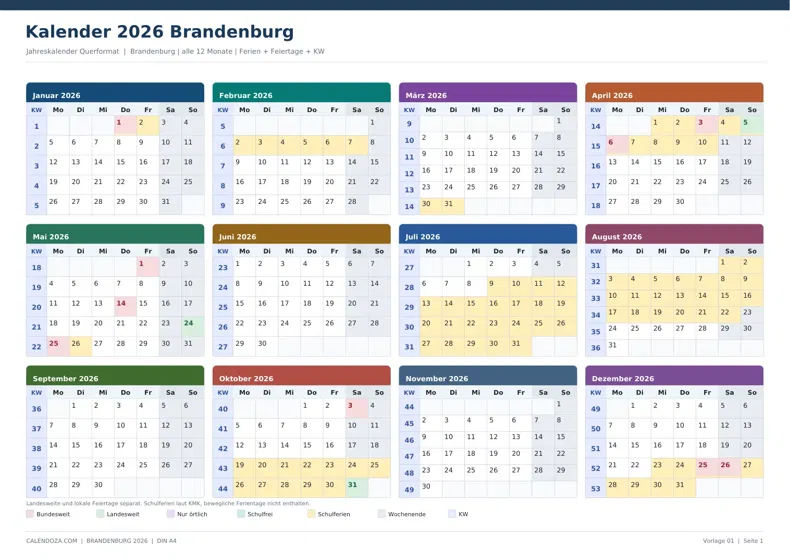 Kalender 2026 Brandenburg: Jahreskalender Querformat