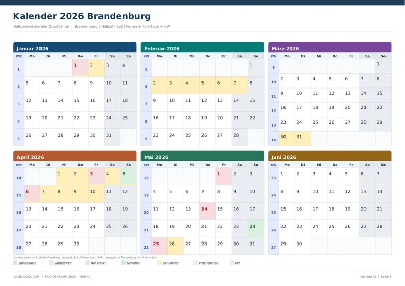 Kalender 2026 Brandenburg: Halbjahreskalender Querformat