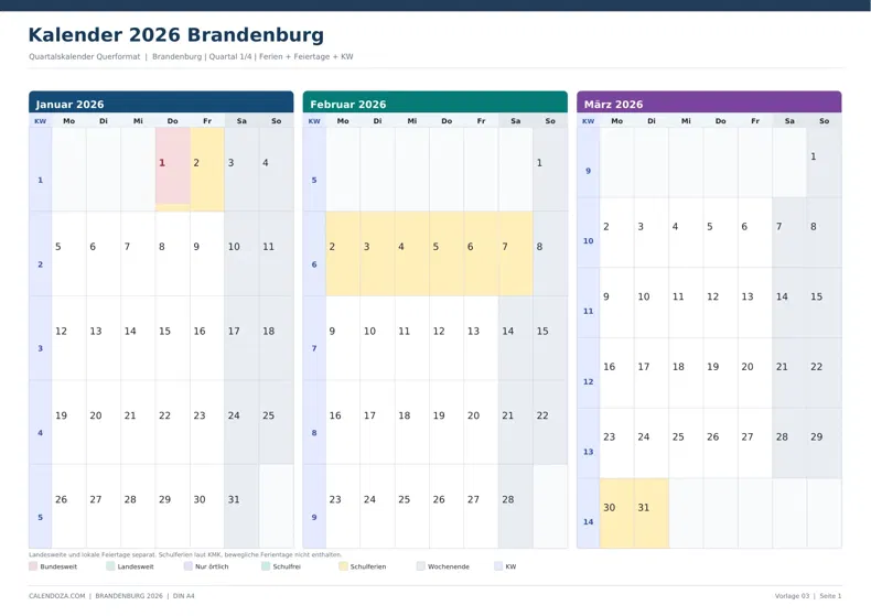 Kalender 2026 Brandenburg: Quartalskalender Querformat