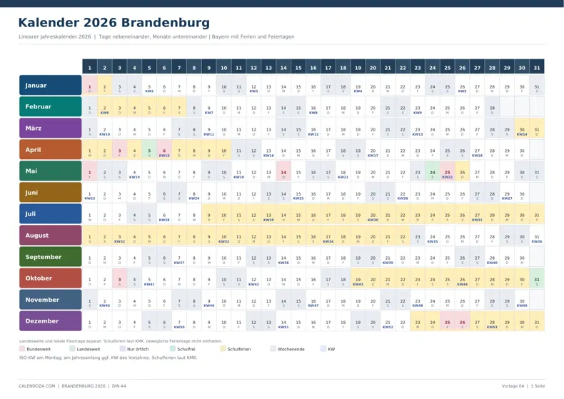 Kalender 2026 Brandenburg: Linearer Jahreskalender