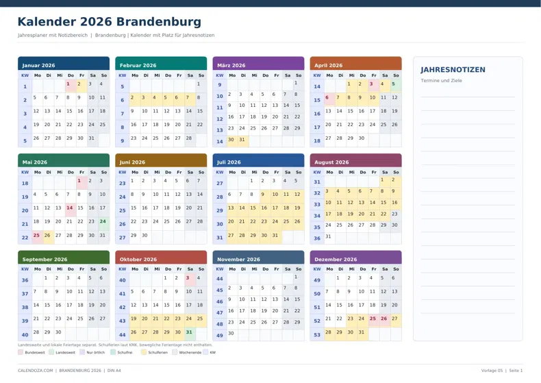 Kalender 2026 Brandenburg: Jahresplaner mit Notizen
