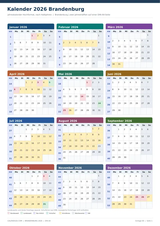 Kalender 2026 Brandenburg: Jahreskalender Hochformat