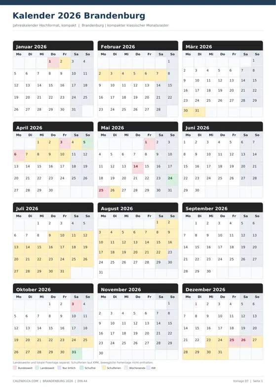 Kalender 2026 Brandenburg: Jahreskalender Hochformat kompakt