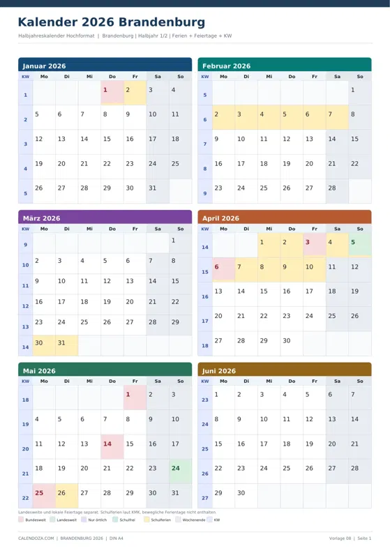 Kalender 2026 Brandenburg: Halbjahreskalender Hochformat
