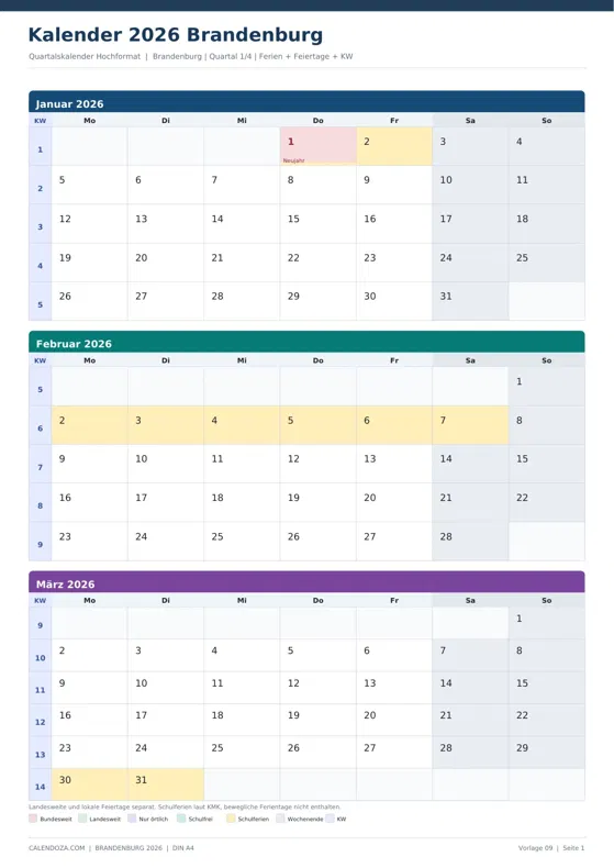Kalender 2026 Brandenburg: Quartalskalender Hochformat