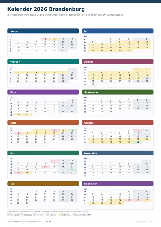 Kalender 2026 Brandenburg: Farbige Jahresübersicht Hochformat