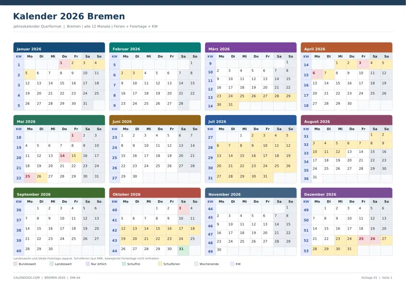 Kalender 2026 Bremen: Jahreskalender Querformat