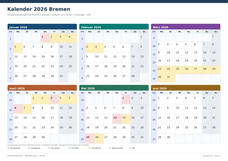 Kalender 2026 Bremen: Halbjahreskalender Querformat