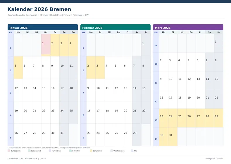 Kalender 2026 Bremen: Quartalskalender Querformat
