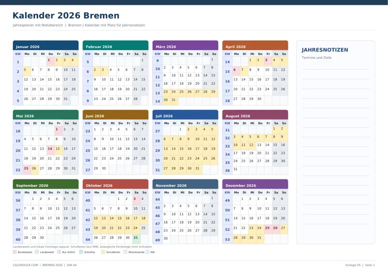 Kalender 2026 Bremen: Jahresplaner mit Notizen