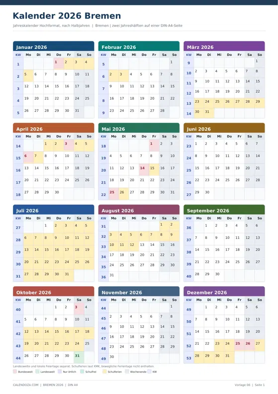 Kalender 2026 Bremen: Jahreskalender Hochformat
