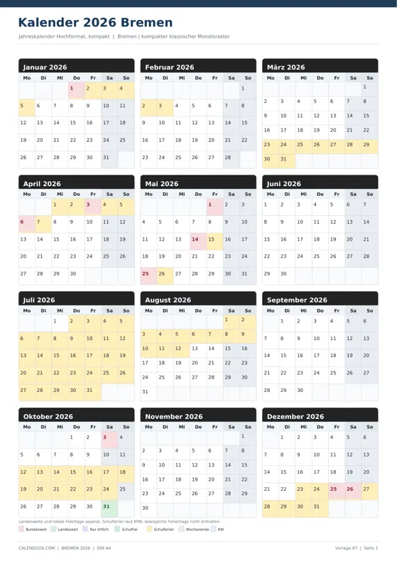 Kalender 2026 Bremen: Jahreskalender Hochformat kompakt